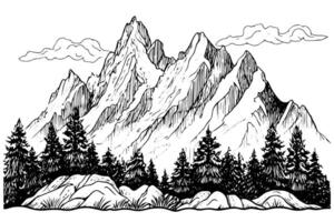 Hand drawn ink sketch of mountain with pine trees landscape. Engraved style logotype illustration. vector