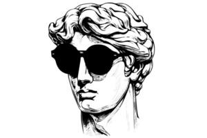 Hermes in sunglasses hand drawn ink sketch. Engraved style illustration. vector