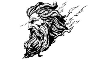 Zeus head hand drawn logo ink sketch. Engraved style illustration. vector