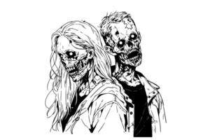 Zombie love match pair hand drawn ink sketch. Woman and man zombies. Engraved style illustration. vector