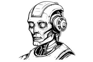 Hand-Drawn AI Robot Cyborg in a Timeless Vintage Engraved Style. Illustration. vector