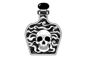 Magic bottle with death potion or poison hand drawn ink sketch. Engraved style illustration. vector