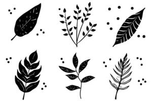 Set of lino cut stamp black leaves and branch imprints on white background. Hand drawn floral elements. vector