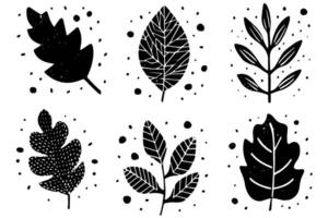 Set of lino cut stamp black leaves and branch imprints on white background. Hand drawn floral elements. vector