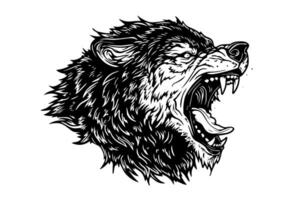 Angry wolf head hand drawn ink sketch. Engraving vintage style illustration. Design for logotype, mascot, print. vector