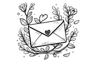 Envelope with heart and flower hand drawn ink sketch. Engraving vintage style illustration. vector