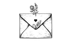 Envelope with heart and flower hand drawn ink sketch. Engraving vintage style illustration. vector