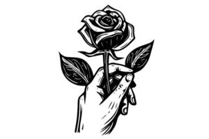 Clásico dibujado a mano Rosa en mano negro y blanco tatuaje impresión ilustración. vector