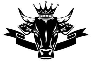 Clásico vaca en corona cabeza logo dibujado a mano ilustración de lechería majestad. vector