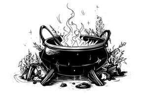 Boiling witch's cauldron hand drawn ink sketch. Engraving style illustration. vector