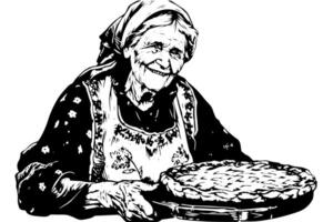 Clásico abuela Cocinando nostálgico ilustración de un sabio mujer horneando tarta. vector