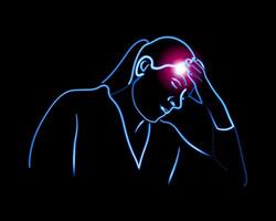 Illustration of a girl with a headache. Neon contour drawing of a girl clutching her head. Migraine. vector