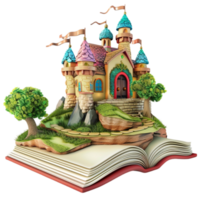 een boek met een kasteel Aan top van het, met een boom en een boom ai-gegenereerd png