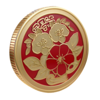 gold coin with red flowers and gold leaf AI-Generated png