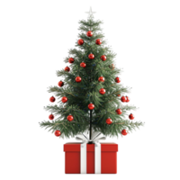 Christmas tree with red balls and gift box on transparent background AI-Generated png