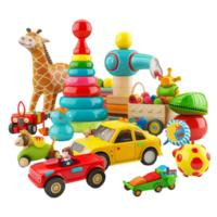 toy cars, trucks, and other toys on a transparent background AI-Generated png