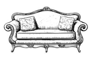 Clásico sofá mano dibujado tinta bosquejo. grabado estilo ilustración. vector