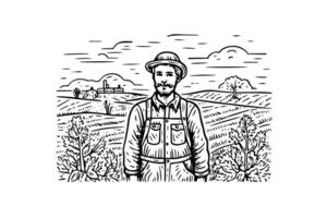 Clásico granjero bosquejo ilustrado retrato de un rural obrero. vector