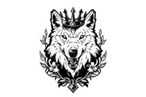 Wolf head in crown hand drawn ink sketch. Engraving vintage style illustration. Design for logotype, mascot, print. vector