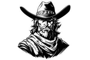 Cowboy sheriff bust or head on hat in engraving style. Hand drawn ink sketch. illustration. vector