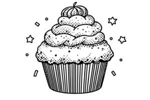 Cream cupcake hand drawn ink sketch. Engraved style retro illustration. vector