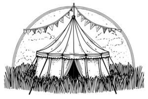 Retro circus marquee tent with flag hand drawn ink sketch. Engraving style illustration. vector