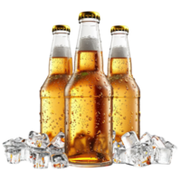 cerveza botellas con hielo en un transparente antecedentes generado por ai png