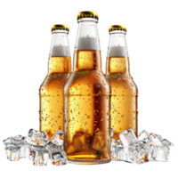 cerveza botellas con hielo en un transparente antecedentes generado por ai png