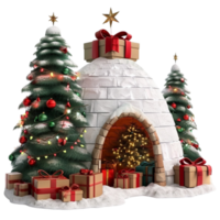 3d igloo with Christmas tree and presents on transparent background AI-Generated png