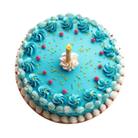 Geburtstag Kuchen mit Blau Glasur und ein Kerze auf oben KI-generiert png