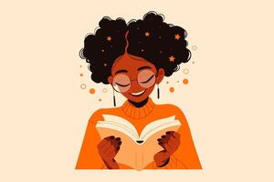 joven negro niña leyendo un libro. moderno plano ilustración. joven estudiante con abierto libro estudiando para examen. amor a leer vector