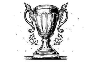 Winner trophy cup hand drawn ink sketch. Engraved style vintage illustration. vector