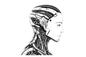 Hand-Drawn AI Robot Cyborg in a Timeless Vintage Engraved Style. Illustration. vector