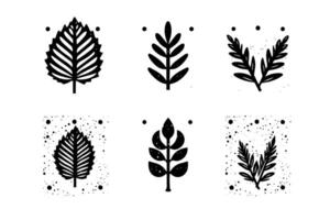 Set of lino cut stamp black leaves and branch imprints on white background. Hand drawn floral elements. vector