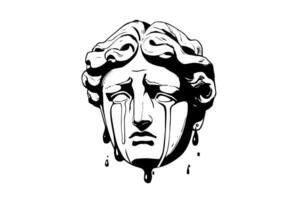 Crying hermes head hand drawn ink sketch. Engraved style illustration. vector