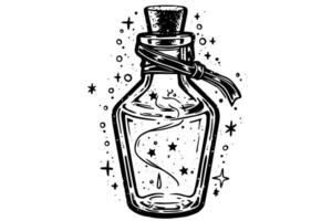 Magic bottle with potion hand drawn ink sketch. Engraved style illustration. vector