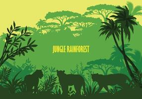 Jungle rain forest background. Exotic flora with copy space for background design, banner with silhouette of tropical plant and animals. vector