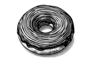 Tasty chocolate donut engraving style. Hand drawn ink sketch illustration. vector