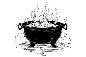 Boiling witch's cauldron hand drawn ink sketch. Engraving style illustration. vector