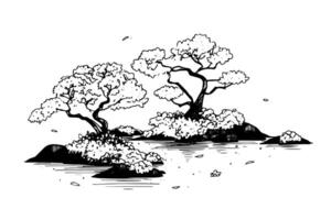 Minimalistic sakura tree landscape hand drawn ink sketch. Engraved style illustration. vector