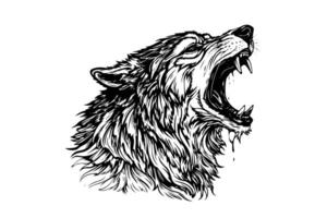 Angry wolf head hand drawn ink sketch. Engraving vintage style illustration. Design for logotype, mascot, print. vector