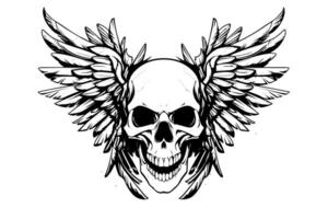 Skull with wings hand drawn ink sketch. Engraved style illustration. vector