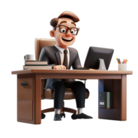 cartoon man in suit sitting at desk with computer AI-Generated png