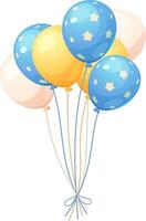 Bundle of kids birthday balloons on white background. Blue with stars, white and yellow balloons. cartoon element vector