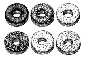 Set of tasty donuts engraving style. Hand drawn ink sketch illustration. vector