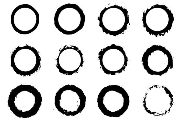 Black shapes of wine circle and coffee ring stains. Dirty splashes and spots Hand drawn tea or ink ring stains on white background.