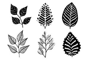 Set of lino cut stamp black leaves and branch imprints on white background. Hand drawn floral elements. vector