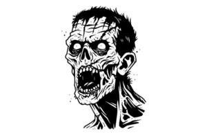Zombie head hand drawn ink sketch. illustration in engraving style. vector
