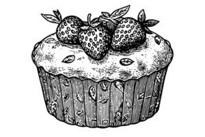 Cupcake with strawberry hand drawn ink sketch. Engraved style retro illustration. vector