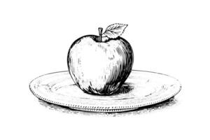 Apple on a plate hand drawn ink sketch. Engraved style illustration. vector